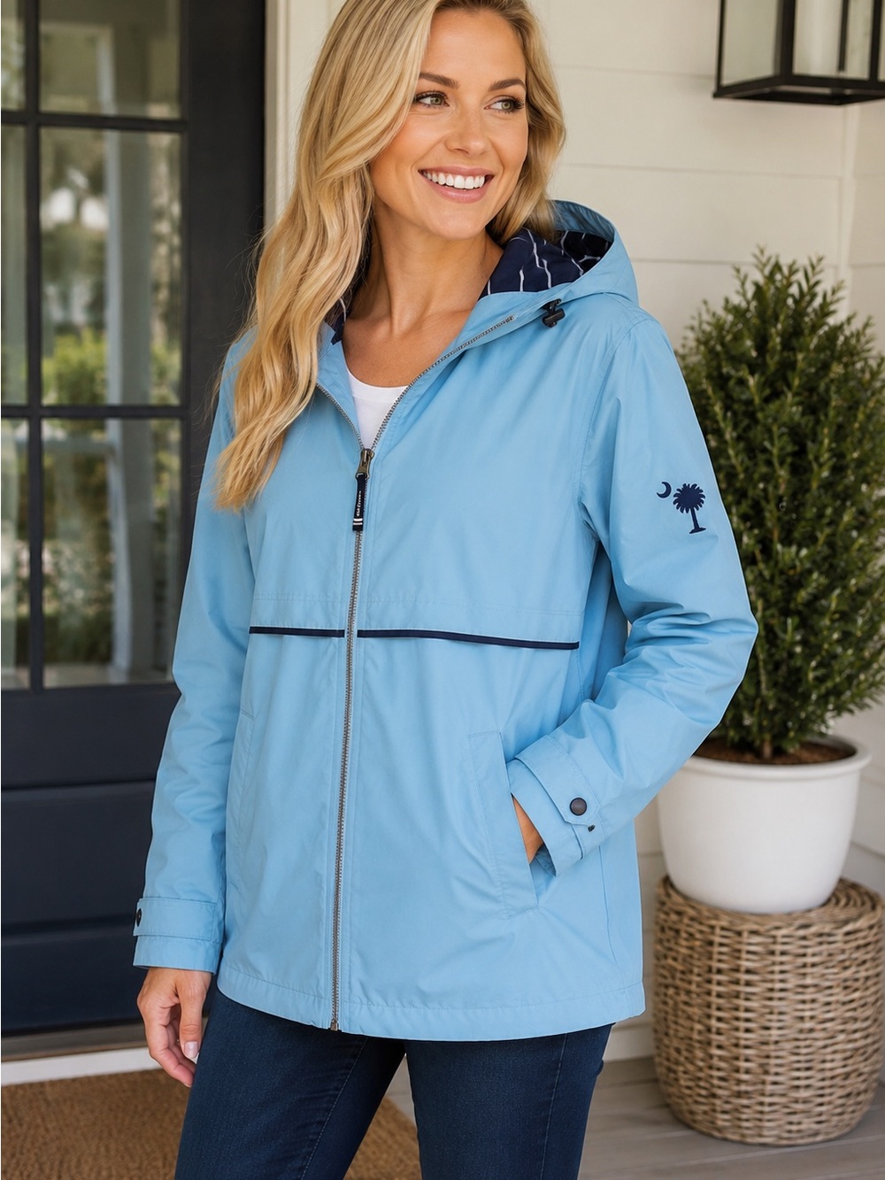 💙Charles River Apparel New Englander Rain Jacket Women’s Large Blue Hooded Prep💙